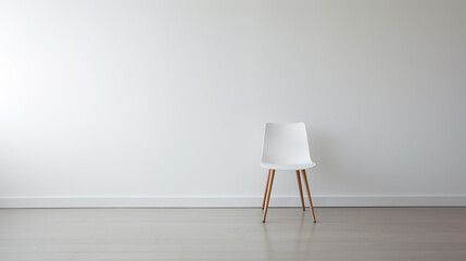 Elegant and modern white chair in an empty room with white wall and wooden floor. Copy space.