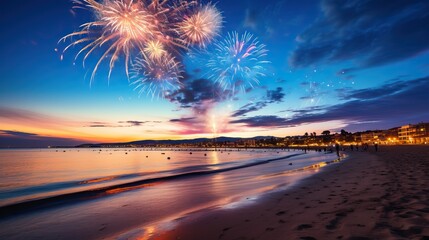 Fireworks over beach at sunset - obrazy, fototapety, plakaty