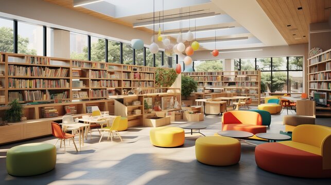 A modern library with a dynamic children's section, vibrant reading nooks, and engaging learning spaces, cultivating a passion for reading and lifelong Learning