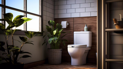 a toilet in a bathroom with a plant in the corner of the room next to it and a towel rack
