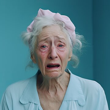 Medium shot of very said old woman crying at camera