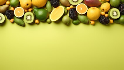 Assorted fruits on a green background