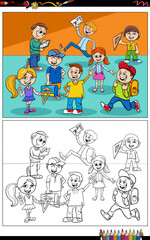 cartoon pupils or students characters group coloring page