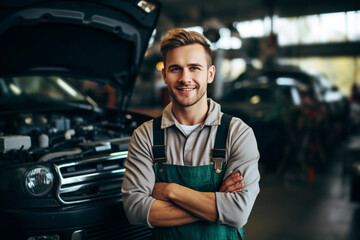 Portrait of Attractive confident male auto mechanic working in Car Service