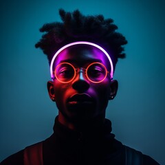 Portrait of young afro hypster wearing neon ring around his head