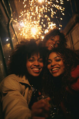 Ethnic group of friends celebrating new year's eve