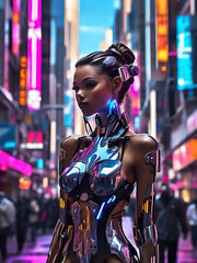 Obraz premium A sexy girl in a metallic dress on a glittering street.Generative Ai