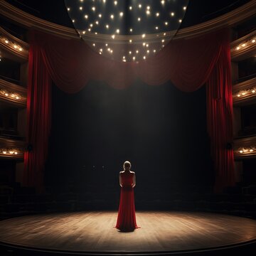 Woman in bleck dress standing in front of studio microphone in empty opera theater