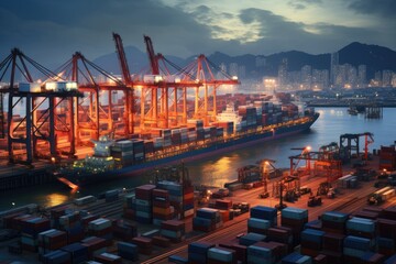 Vibrant and busy cargo port with ships, cranes, and containers - obrazy, fototapety, plakaty