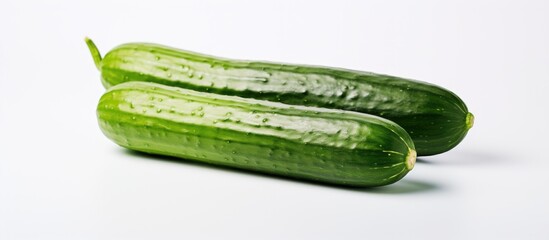 A cucumber that is fresh and ripe photographed separately on a white piece of paper as the background
