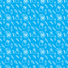 Merry Christmas and Happy New Year seamless pattern in doodle style. Vector illustration on a blue background with white line.