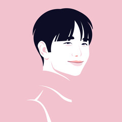 The face of a young Asian man on a pink background. Vector flat Illustration