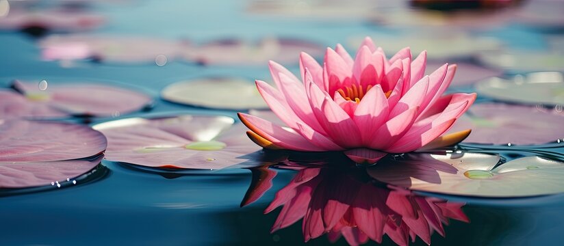 A lotus flower tinged with shades of pink blooms within the calm waters of the lake