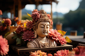 Serene Buddha statue adorned with intricate flowers overlooking a beautiful mountain landscape from a balcony.