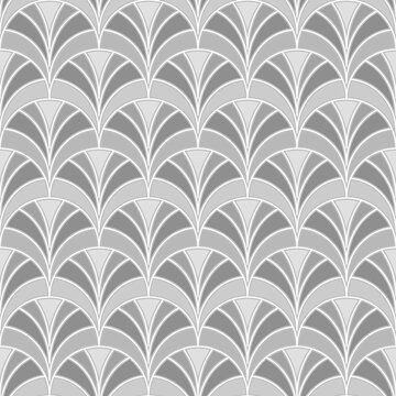 Fish scale wallpaper. Asian traditional ornament with repeated scallops. Repeated grey curves on white background. Seamless surface pattern design with semicircles. Grid motif. Digital paper. Vector.