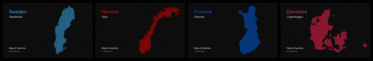 Fototapeta premium Creative maps of Scandinavian countries. Sweden, Norway, Finland, Denmark. World Countries vector maps series. Spiral fingerprint series