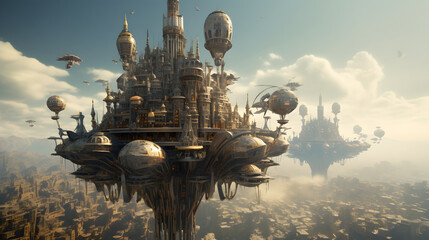 A grand steampunk metropolis with towering brass skyscrapers, intertwined pipelines, and airships soaring through the smoky sky, evoking a sense of industrial might and Victorian-era 