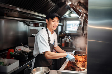 Asian male chef preparing takeaway food in food truck kitchen