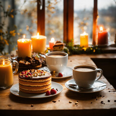 Obraz na płótnie Canvas Breakfast table hot coffee birthday cake with candles some pastries autumn ambient daylight warm sunlight