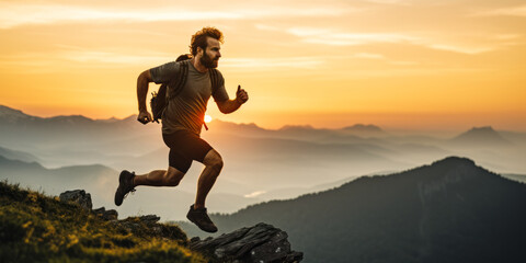 Young Man in Motion: Running and Leaping on Mountain at Sunrise