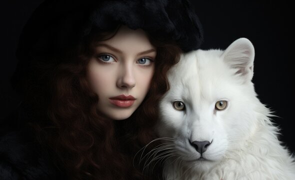 A girl with black hair, with a big white cat 
