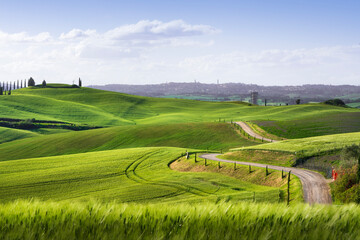 Route of the via Francigena and Siena city in the background. Tuscany, Italy