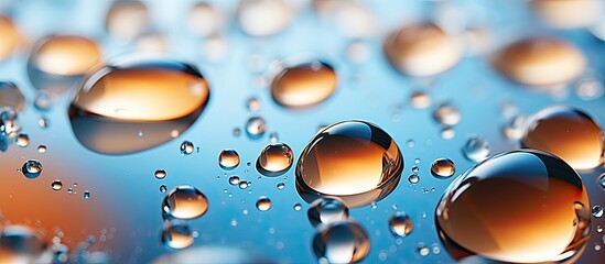 A polished surface displays a close up view of water droplets