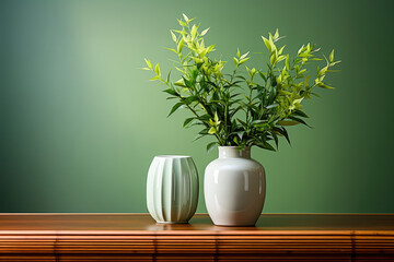 Elegant plant arrangement with ceramic vases on a wooden table against a vibrant green background.