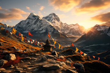 Stunning Himalayan view with a Tibetan stupa, colorful prayer flags, and a radiant sunset over snow-capped peaks. - obrazy, fototapety, plakaty