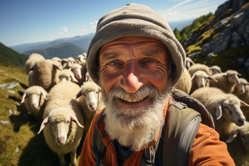 shepherd with his sheep happy looking at camera