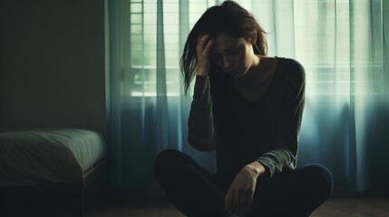 Lonely woman feeling depressed and stressed. Mental struggle with thoughts about suicide. Dark emotions and feelings from depression, anxiety, bipolar and Schizophrenia. Female in breakdown moment. - obrazy, fototapety, plakaty