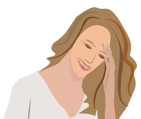 Blonde girl laughing with closed eyes holding her forehead with her hand, Joyful woman look happy and funny, flat drawing cut out on tranparent