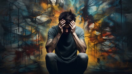 Suffering from depression, ADHD, stress, and anxiety, showcasing the reality of mental illness and inner struggle. Sad and sorrow emotions, as psychological conditions they are battling with. - obrazy, fototapety, plakaty