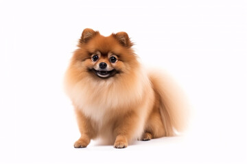 A fluffy canine was secluded against a pale background, forming a companionship concept.