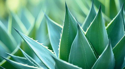 The Agave attenuata cactus has a soft, textured surface, with natural, flowing outlines and a single predominant edged folio, all against a fuzzy backdrop. - obrazy, fototapety, plakaty