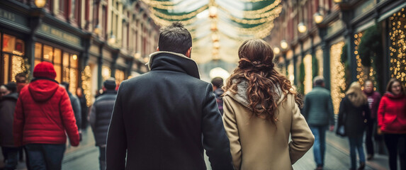 Couple doing Christmas shopping in the city.  People in the Christmas market, back view