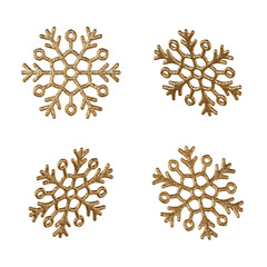 Set of four realistic golden Christmas snowflakes. 3d render. Festive decor with glitter texture isolated on a transparent background.