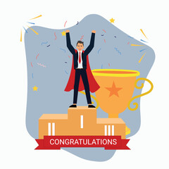 Businessman with golden cup , young man standing with business award , male holding a victory trophy prize , Win contest Illustration