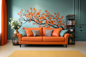 Stylish living room with vibrant orange sofa, turquoise walls, and elegant floral wall art, creating a cozy and modern ambiance.