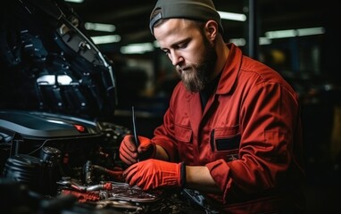 Fototapeta na wymiar A male worker in uniform that is repairings an automobile