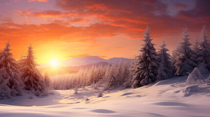 A spectacular winter panorama of snow-capped mountains illuminated by the sun's rays, with towering trees blanketed in snow.
