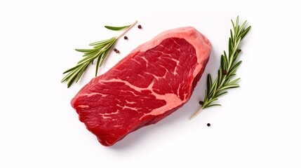 Isolated raw steak on white top view, perfect for food concept.