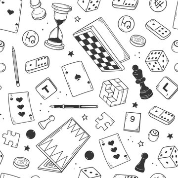 hand drawn board games pattern. sketch doodle of chess, checkers, go, dominoes, playing cards, scrabble
