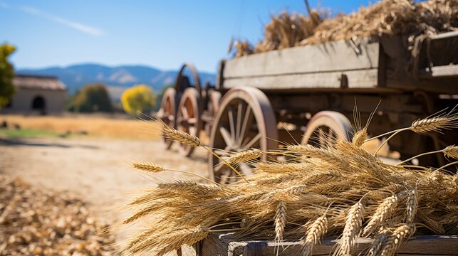 The countryside harvests are being transported on a transfer into an antique threshing device.