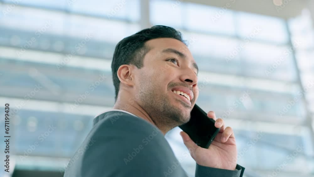 Poster phone call, thinking and business man in office for talking, chat and conversation. smartphone, idea