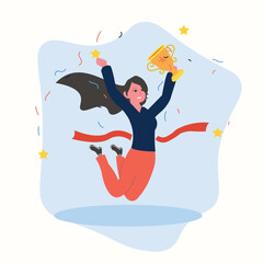 Vector woman winning the competition and getting golden trophy , contest winner vector , woman with trophy isolated