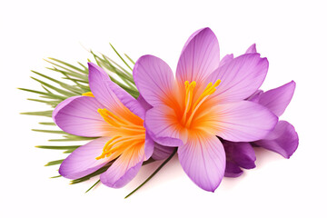 Isolated Crocus sativus saffron bloom on a white backdrop.