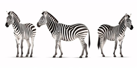 Fototapeta na wymiar A trio of Zebras dwell in the Savannah, isolated on a white backdrop.