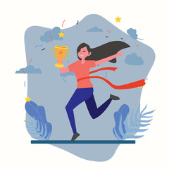 Running woman winning the competition and getting golden trophy , contest winner vector , woman with trophy isolated