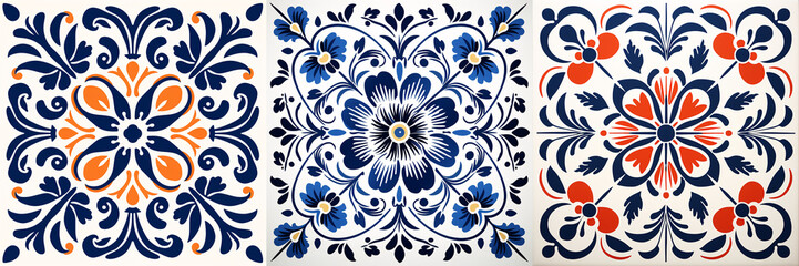 This intricate ceramic tile design features a blue and white damask pattern with a victorian style, including a large floral centrepiece and baroque elements.